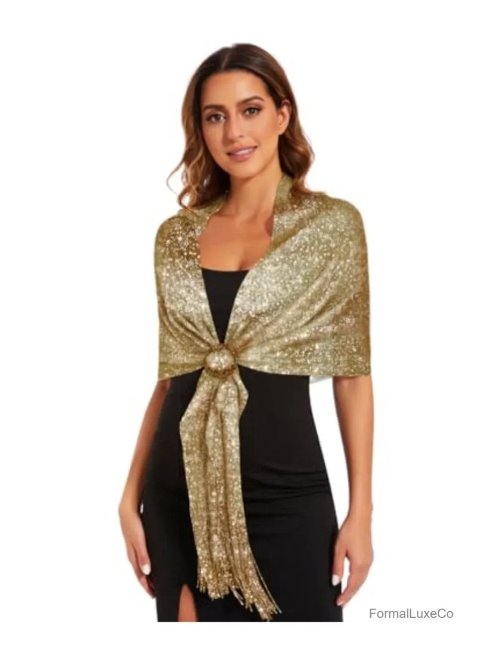 Wrapped Up in Style: Metallic Fringe Shawl with Decorative Buckle for Party &